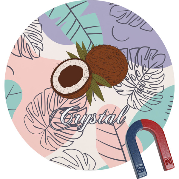 Custom Coconut and Leaves Round Fridge Magnet (Personalized)