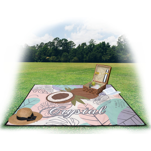 Coconut and Leaves Picnic Blanket - with Basket Hat and Book - in Use