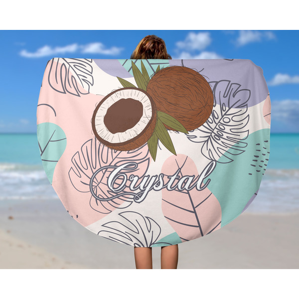 Coconut and Leaves Round Beach Towel - In Use