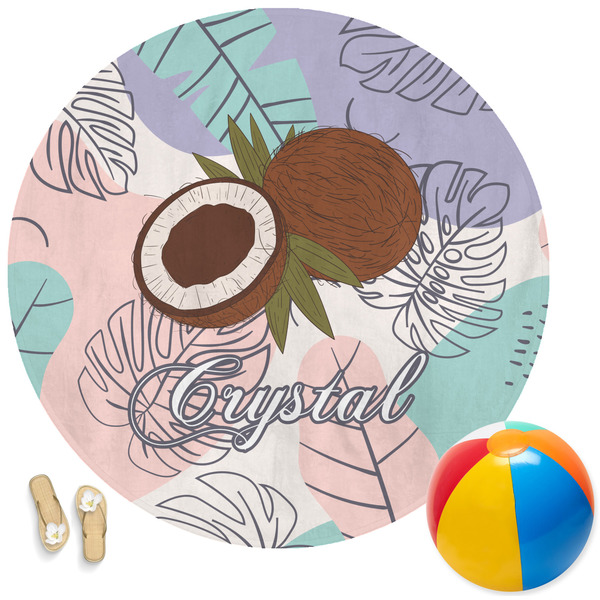 Custom Coconut and Leaves Round Beach Towel (Personalized)