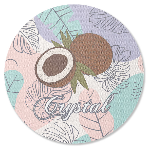 Custom Coconut and Leaves Round Rubber Backed Coaster w/ Name or Text