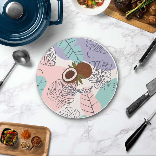 Coconut and Leaves Round Stone Trivet - In Context View