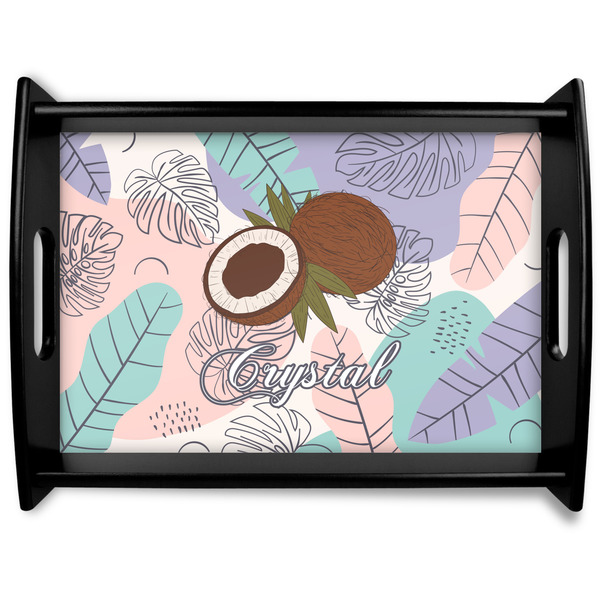 Custom Coconut and Leaves Black Wooden Tray - Large w/ Name or Text