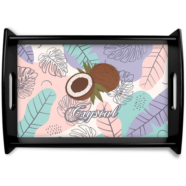 Custom Coconut and Leaves Black Wooden Tray - Small w/ Name or Text