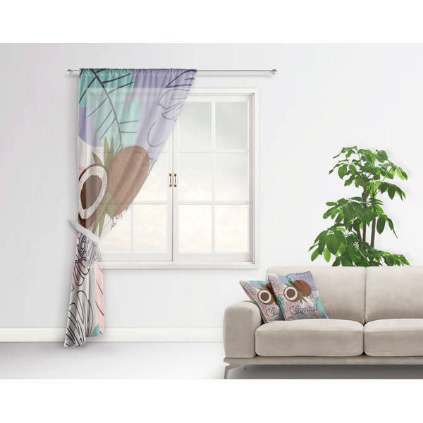 Coconut and Leaves Sheer Curtain With Window and Rod - in Room Matching Pillow