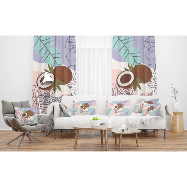 Coconut and Leaves Sheer and Custom Curtains in Room with Matching Pillows