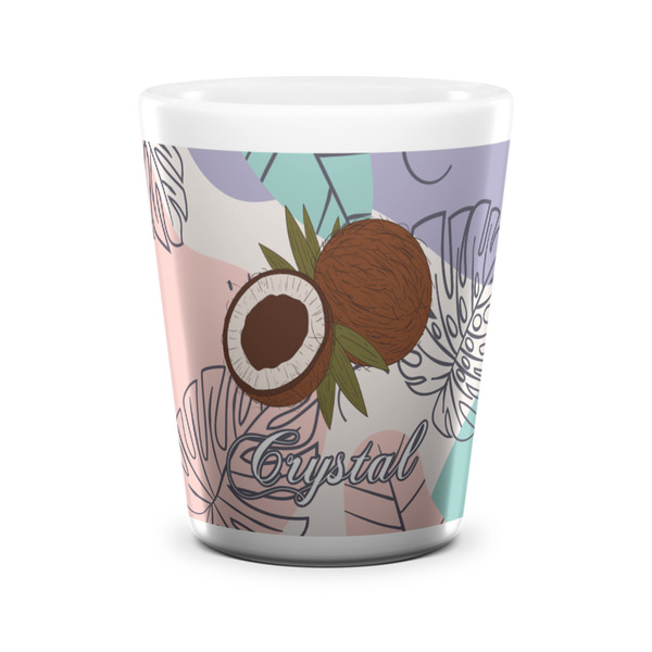 Custom Coconut and Leaves Ceramic Shot Glass - 1.5 oz - White - Single (Personalized)