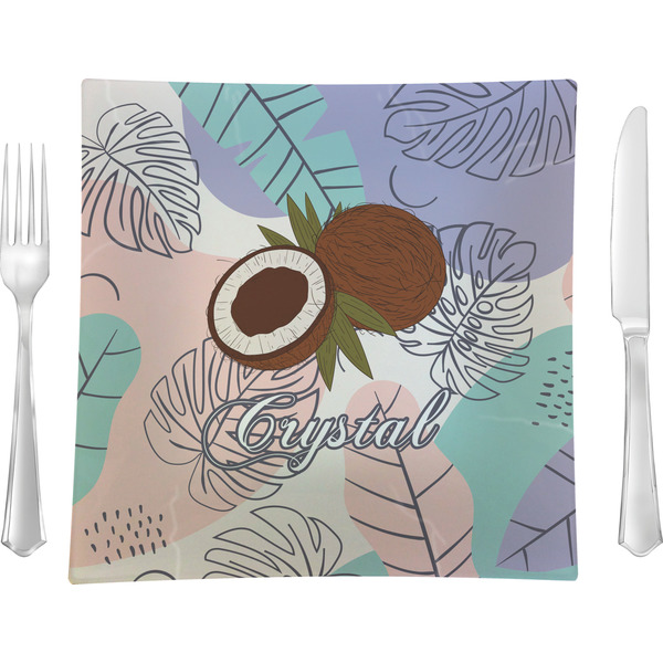Custom Coconut and Leaves 9.5" Glass Square Lunch / Dinner Plate- Single or Set of 4 (Personalized)
