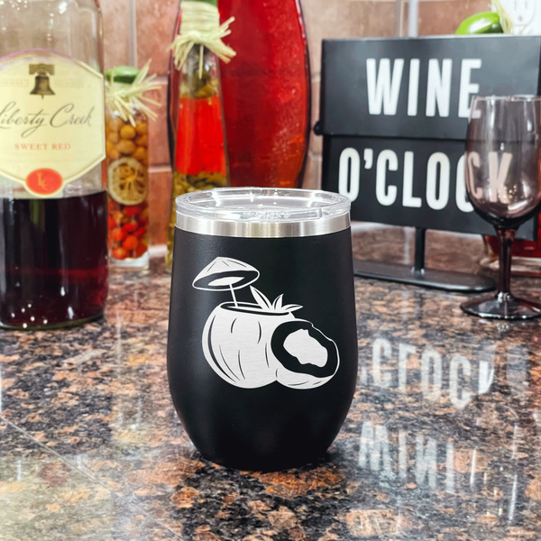 Coconut and Leaves Stainless Wine Tumblers - Black - Single Sided - In Context