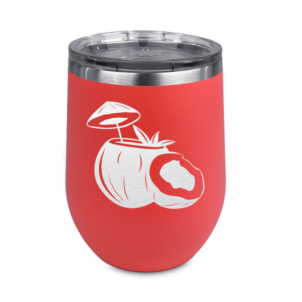 Custom Coconut and Leaves Stemless Stainless Steel Wine Tumbler - Coral - Single Sided