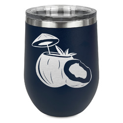 Coconut and Leaves Stemless Stainless Steel Wine Tumbler - Navy - Double Sided (Personalized)