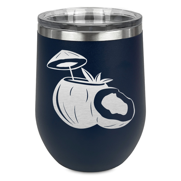 Custom Coconut and Leaves Stemless Stainless Steel Wine Tumbler - Navy - Single Sided