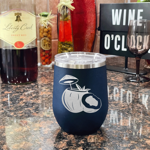 Coconut and Leaves Stainless Wine Tumblers - Navy - Single Sided - In Context