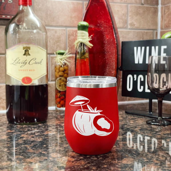 Coconut and Leaves Stainless Wine Tumblers - Red - Single Sided - In Context
