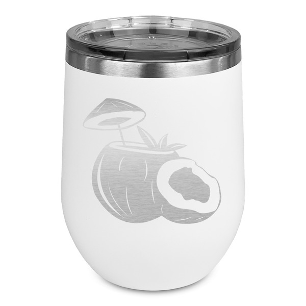 Custom Coconut and Leaves Stemless Stainless Steel Wine Tumbler - White - Double Sided (Personalized)