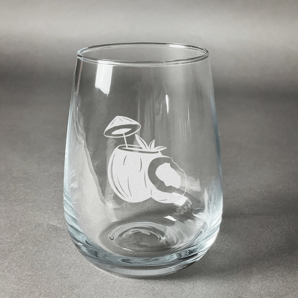 Custom Coconut and Leaves Stemless Wine Glass - Engraved