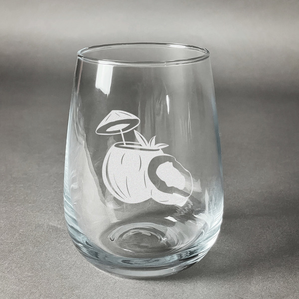 Custom Coconut and Leaves Stemless Wine Glass - Engraved