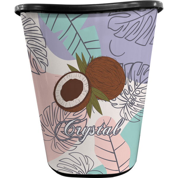 Custom Coconut and Leaves Waste Basket - Single Sided (Black) w/ Name or Text