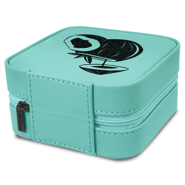 Coconut and Leaves Travel Jewelry Boxes - Leather - Teal - View from Rear