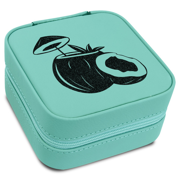 Custom Coconut and Leaves Travel Jewelry Box - Teal Leather