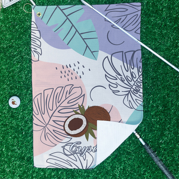 Coconut and Leaves Waffle Weave Golf Towel - In Context