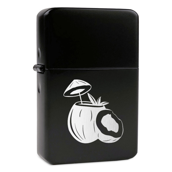Custom Coconut and Leaves Windproof Lighter - Black - Double Sided & Lid Engraved