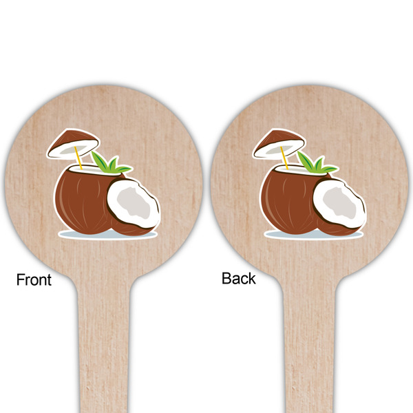 Coconut and Leaves Wooden 4" Food Pick - Round - Double Sided - Front & Back