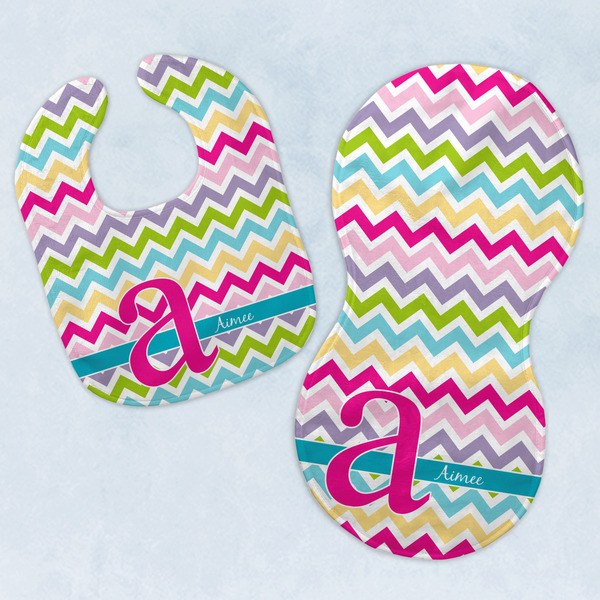 Custom Colorful Chevron Baby Bib & Burp Set w/ Name and Initial
