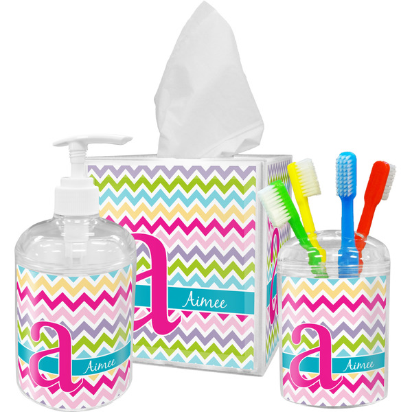 Custom Colorful Chevron Acrylic Bathroom Accessories Set w/ Name and Initial