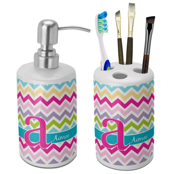 Custom Colorful Chevron Ceramic Bathroom Accessories Set (Personalized)
