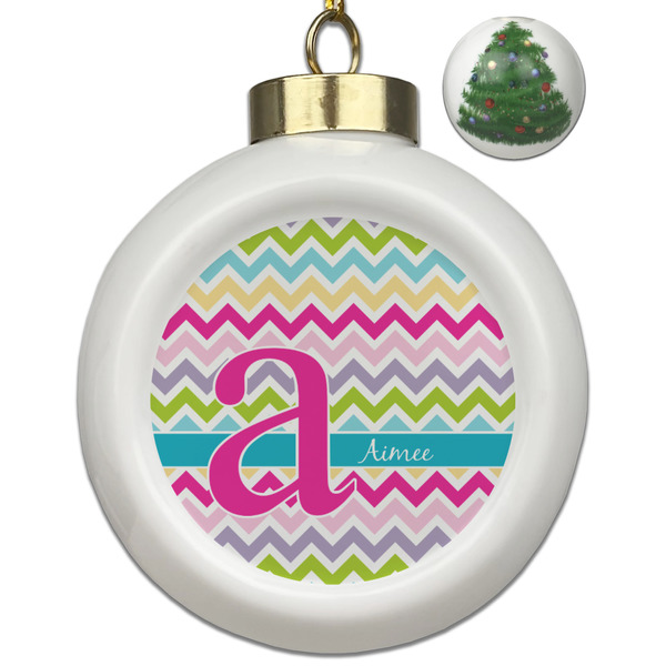 Custom Colorful Chevron Ceramic Ball Ornament - Christmas Tree (Personalized)
