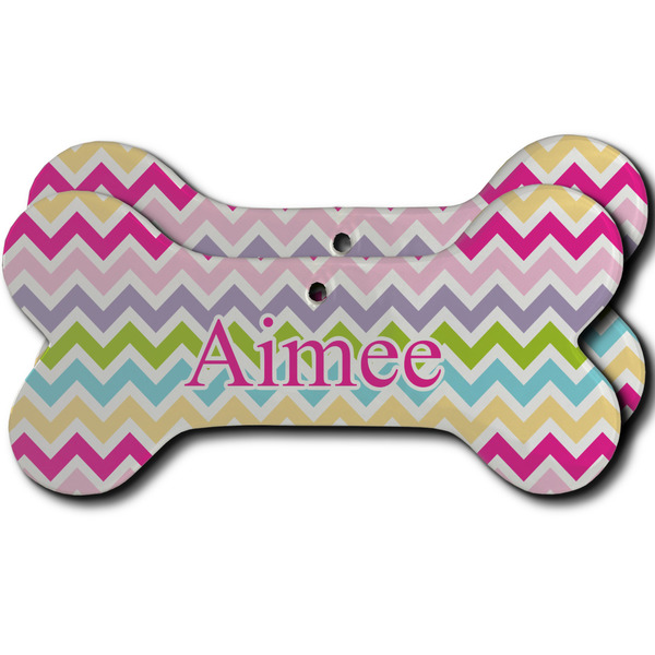 Custom Colorful Chevron Ceramic Dog Ornament - Front & Back w/ Name and Initial