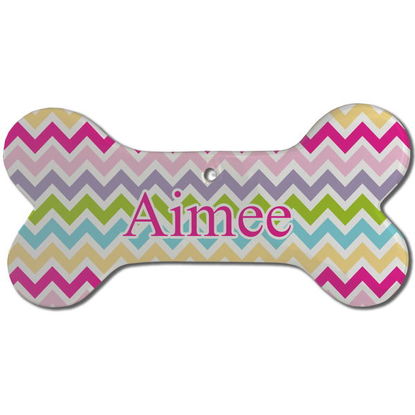 Custom Colorful Chevron Ceramic Dog Ornament - Front w/ Name and Initial
