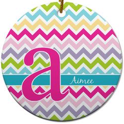 Colorful Chevron Round Ceramic Ornament w/ Name and Initial