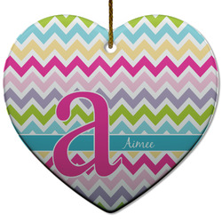 Colorful Chevron Heart Ceramic Ornament w/ Name and Initial