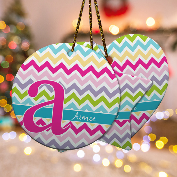 Custom Colorful Chevron Ceramic Ornament w/ Name and Initial