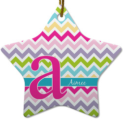 Colorful Chevron Star Ceramic Ornament w/ Name and Initial