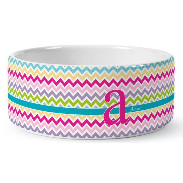 Custom Colorful Chevron Ceramic Dog Bowl (Personalized)