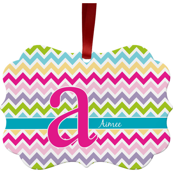Custom Colorful Chevron Metal Frame Ornament - Double Sided w/ Name and Initial