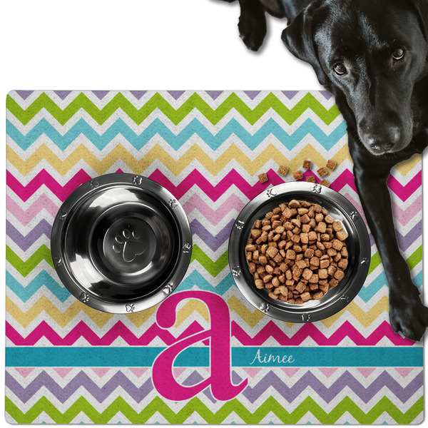 Custom Colorful Chevron Dog Food Mat - Large w/ Name and Initial