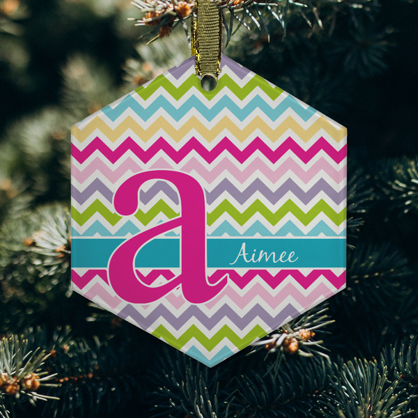 Colorful Chevron Frosted Glass Ornament - Hexagon (Lifestyle)