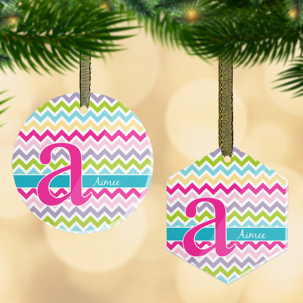 Custom Colorful Chevron Flat Glass Ornament w/ Name and Initial