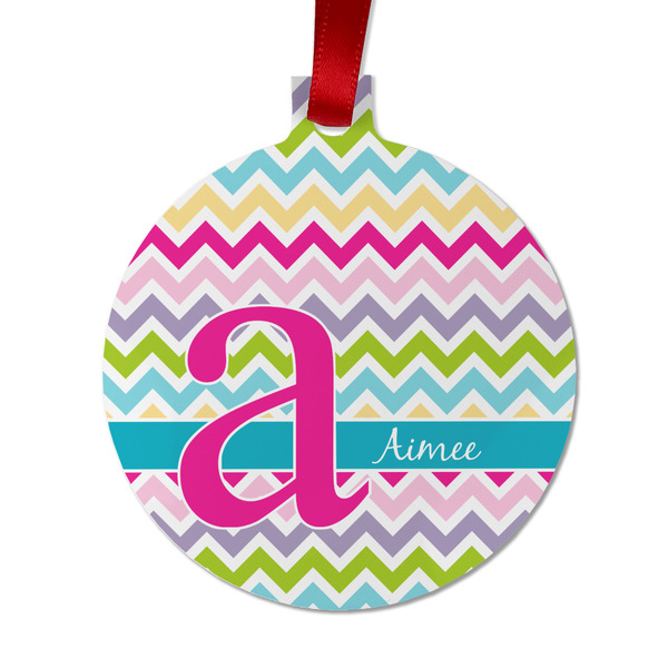 Custom Colorful Chevron Metal Ball Ornament - Double Sided w/ Name and Initial