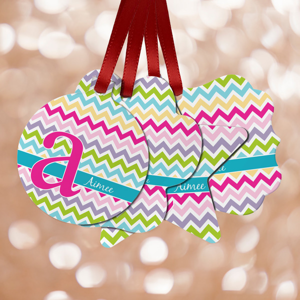Custom Colorful Chevron Metal Ornaments - Double Sided w/ Name and Initial