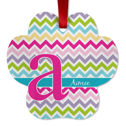 Colorful Chevron Metal Paw Ornament - Double Sided w/ Name and Initial