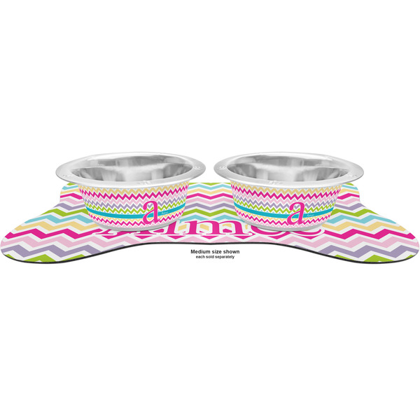 Colorful Chevron Metal Pet Bowls - On Dog Bone Shaped Mat