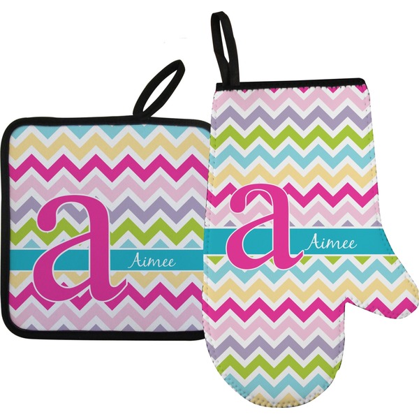 Custom Colorful Chevron Right Oven Mitt & Pot Holder Set w/ Name and Initial
