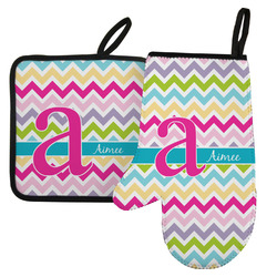 Colorful Chevron Left Oven Mitt & Pot Holder Set w/ Name and Initial