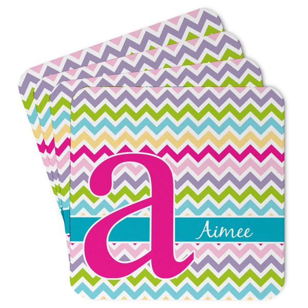 Custom Colorful Chevron Paper Coasters w/ Name and Initial