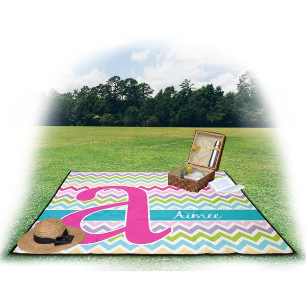 Colorful Chevron Picnic Blanket - with Basket Hat and Book - in Use